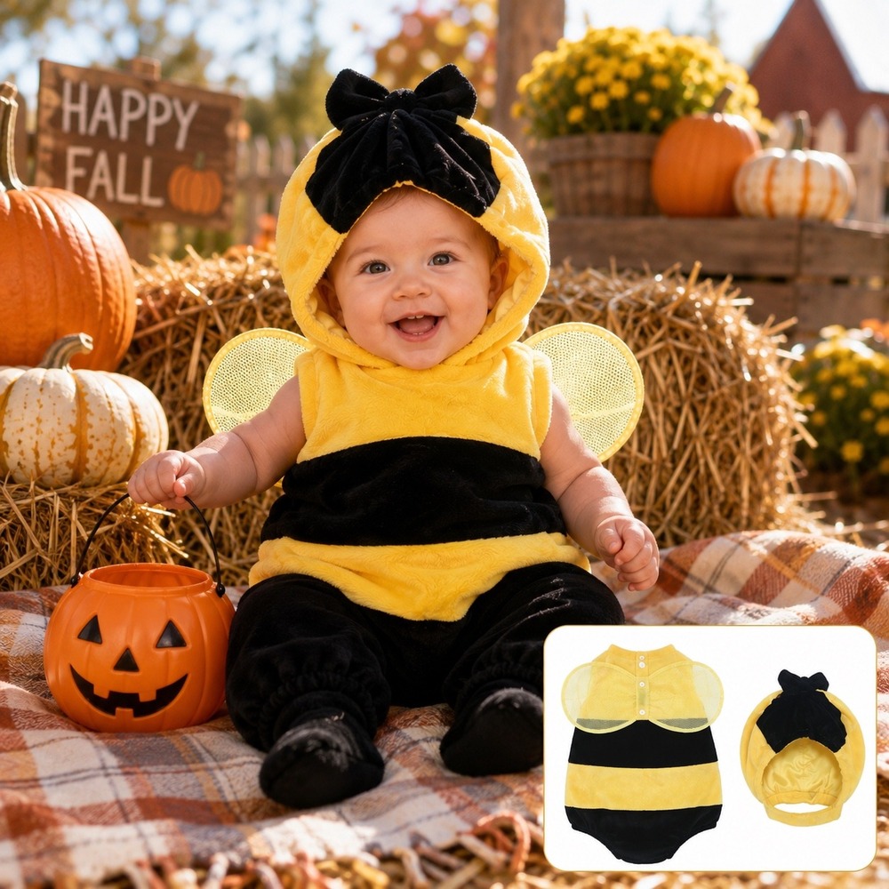 Baby Bumblebee Costume 0-6 Months Yellow Black Wings Hood Halloween
